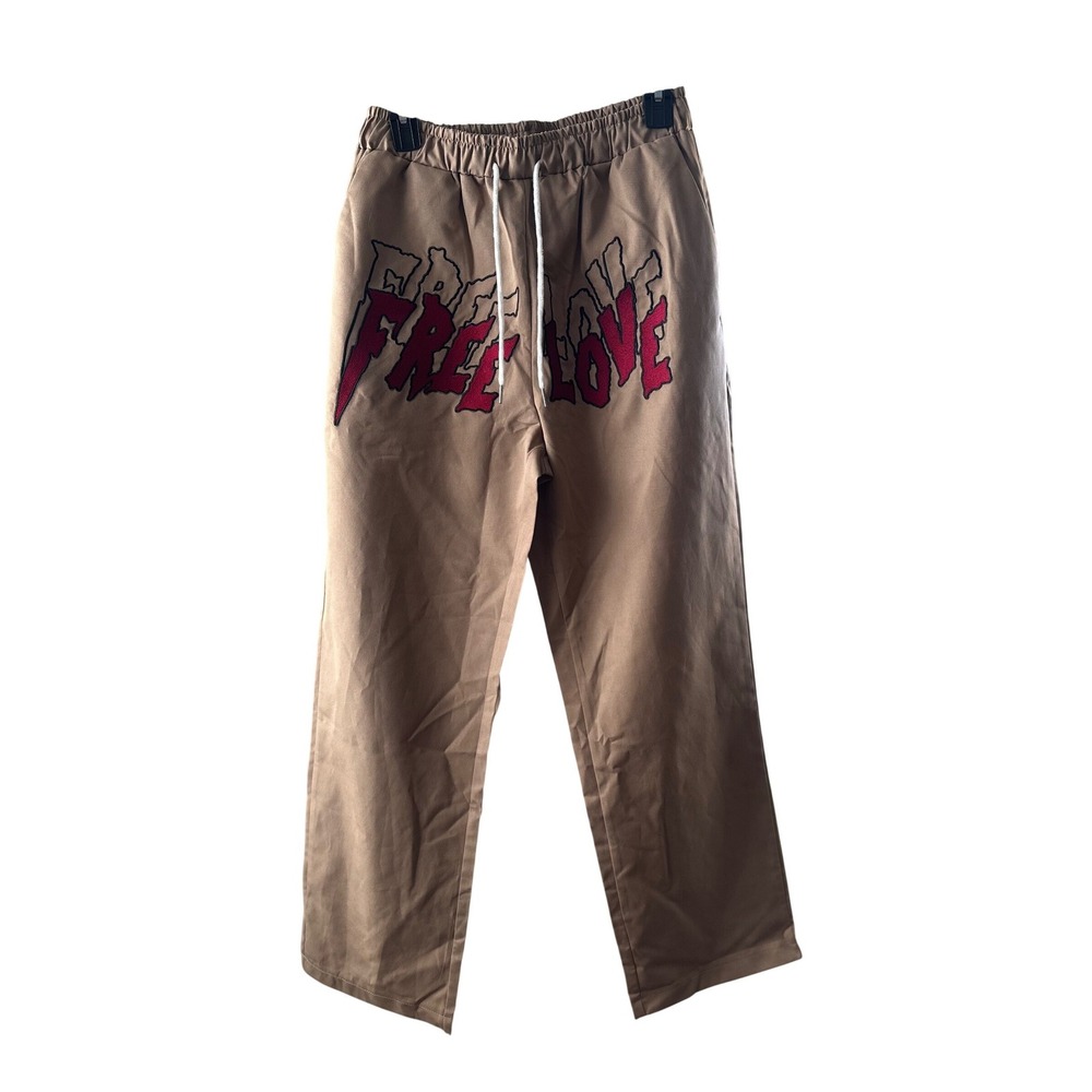 Romwe Free Love Graphic Pants Khaki Tan Streetwear Drawstring Trousers Small NWT